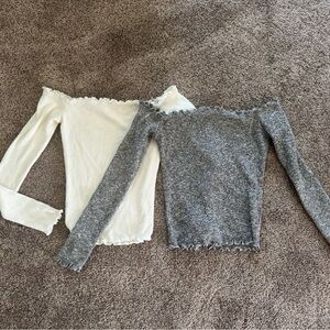 Off-Shoulder Ribbed Sweaters - Cream and Gray